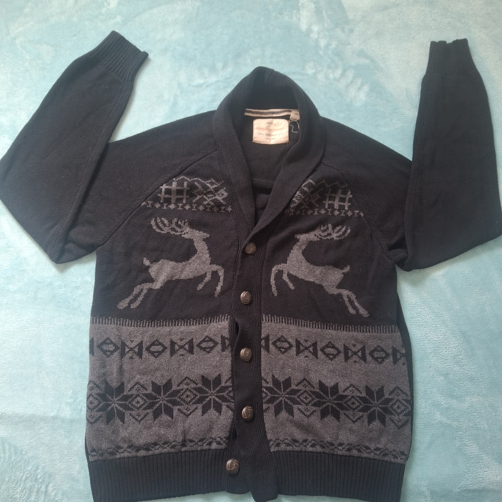 Men's Black and Gray Cardigan with Reindeer Pattern
